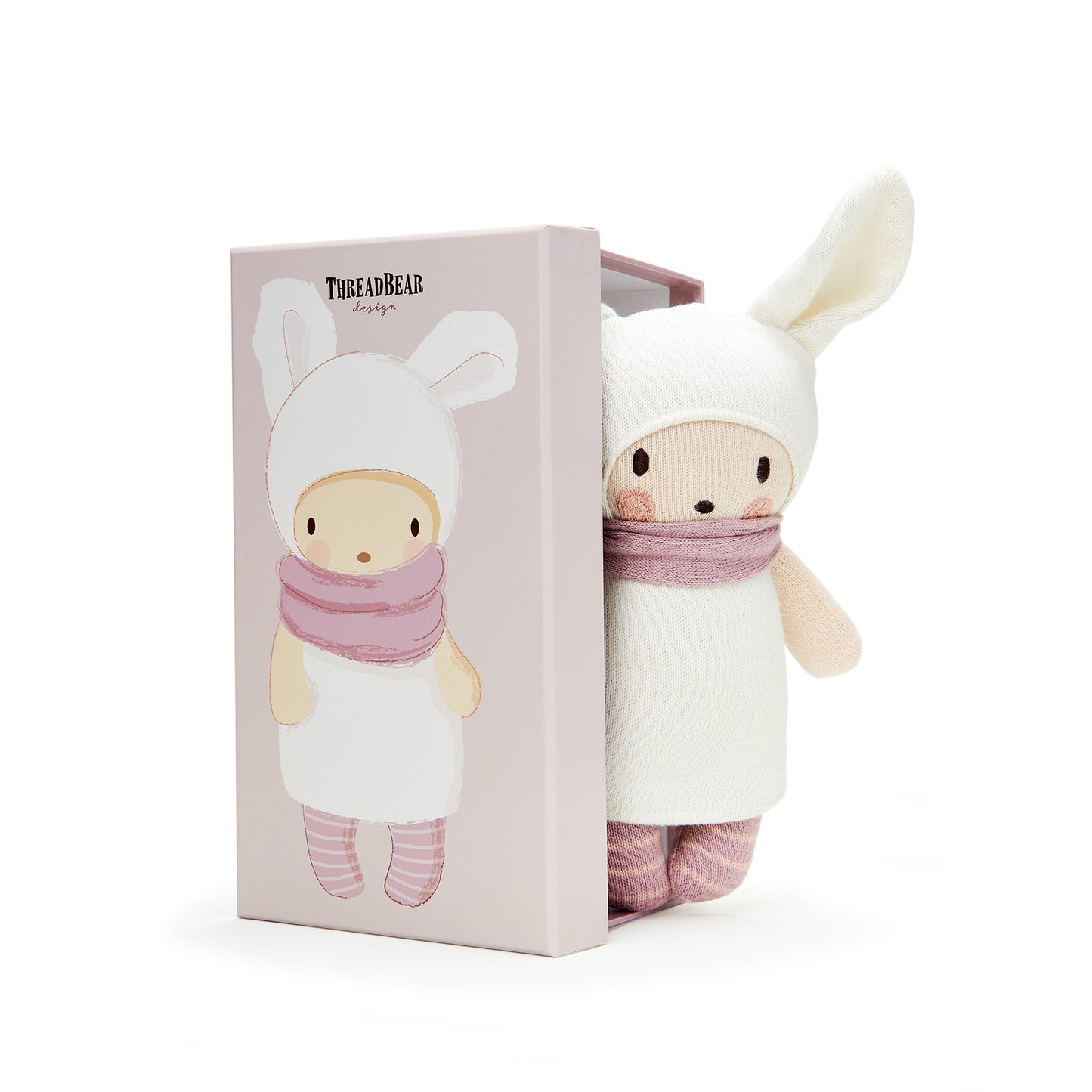 Baby Baba knitted soft toy doll.  Suitable from birth and dressed in soft white and pink clothing.  Knitted from soft cotton with lovely embroidered detail.