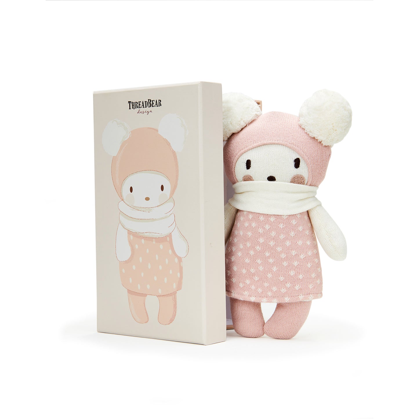 Baby Bella knitted soft toy doll.  Made from soft knitted cotton and dressed in soft pink.  Suitable from birth.