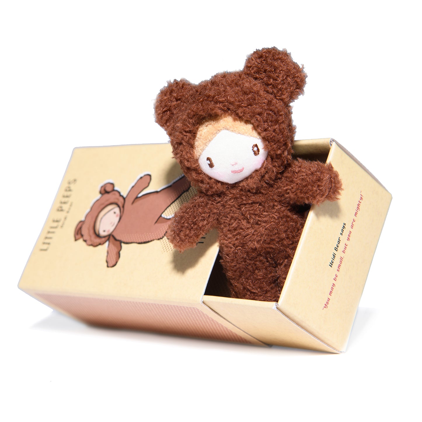 Threadbear Design Heidi Bear Little Peeps Doll in a matchbox style gift box with a lovely illustration.  A pocket size soft toy doll wearing a furry bear suit.  Perfect for dolls houses and imaginative play.