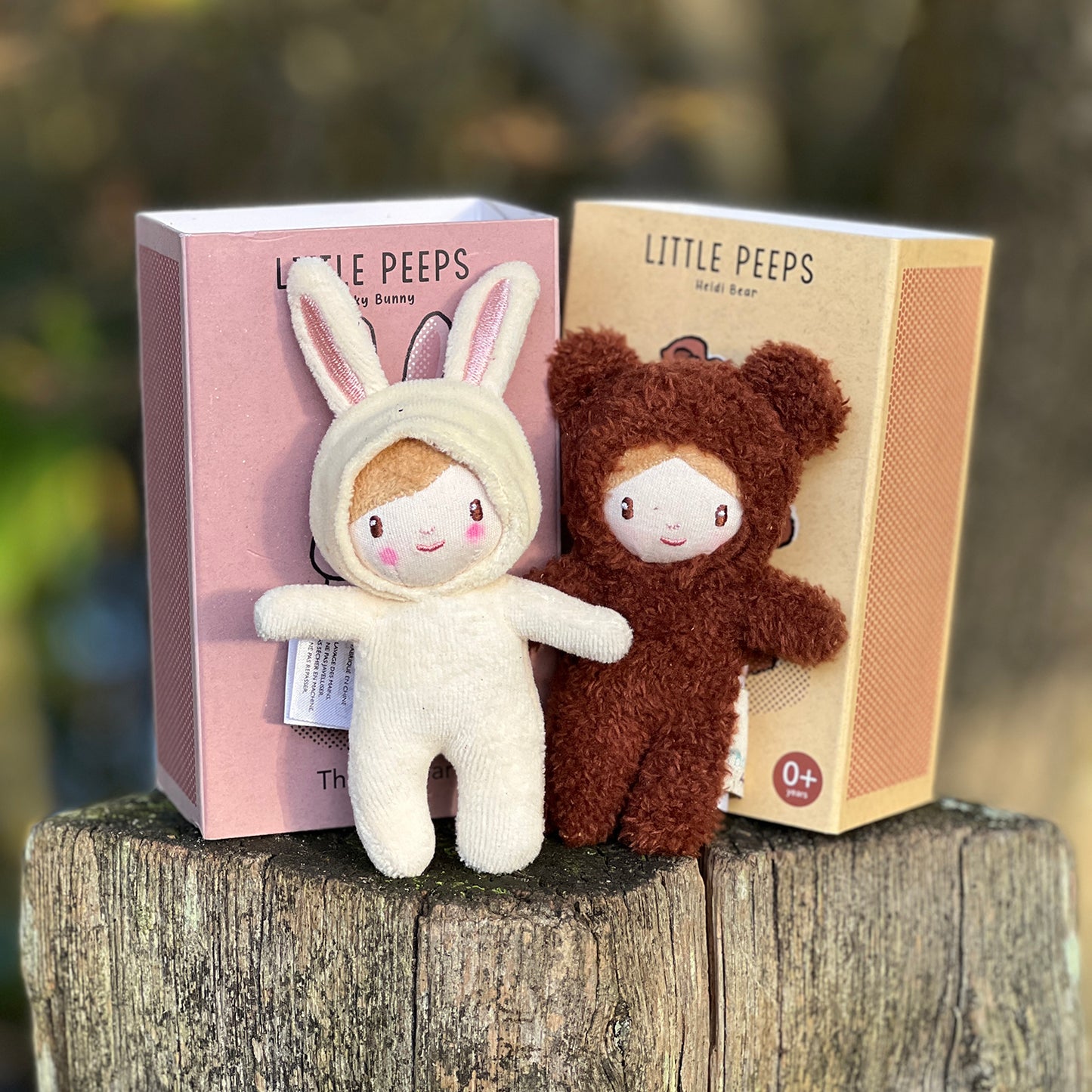 Threadbear Design Heidi Bear Little Peeps Doll with Binky Bunny Little Peeps Doll and their matchbox style gift boxes.  A pocket size soft toy doll wearing a furry bear suit.  Perfect for dolls houses and imaginative play.