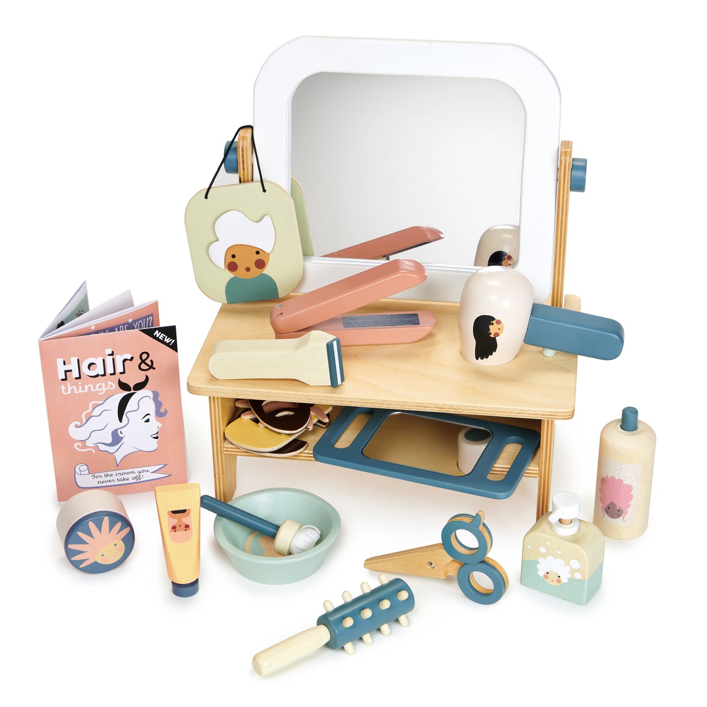 Wooden pretend play hair salon with a table top mirror.  Complete with wooden accessories including brushes, shampoo and scissors.