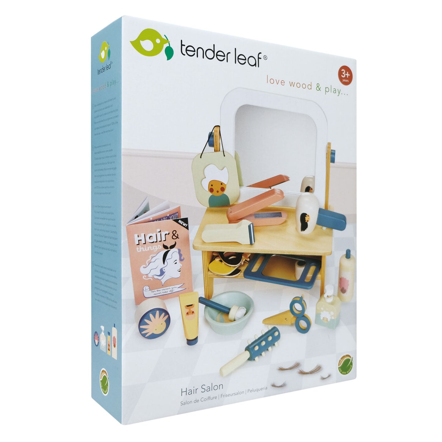 Boxed wooden pretend play hair salon.