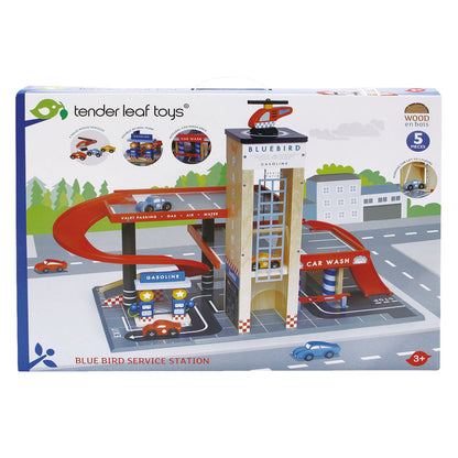 Box containing wooden toy garage set