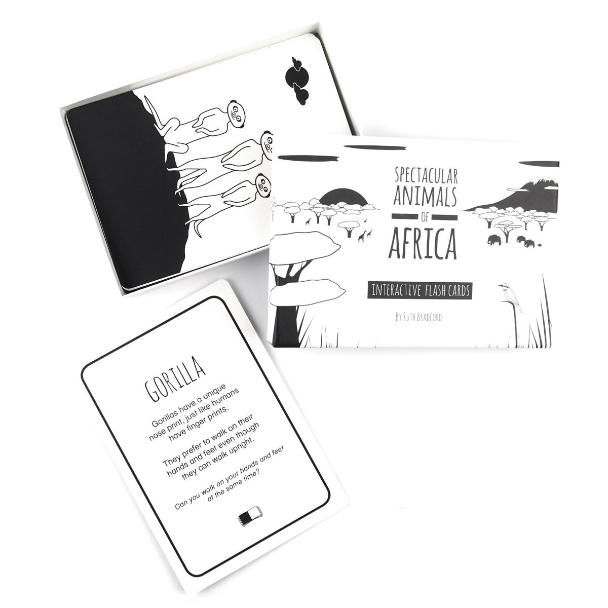 Box of black and white flash cards for babies with an animals of Africa theme.  Showing a meerkat card and the back of the gorilla card with facts and information about gorillas.