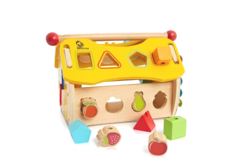 Colourful wooden activity toy for toddlers showing the shape sorting side.