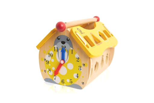 Colourful wooden activity house toy for toddlers showing the toy clock with moving hands on one side.