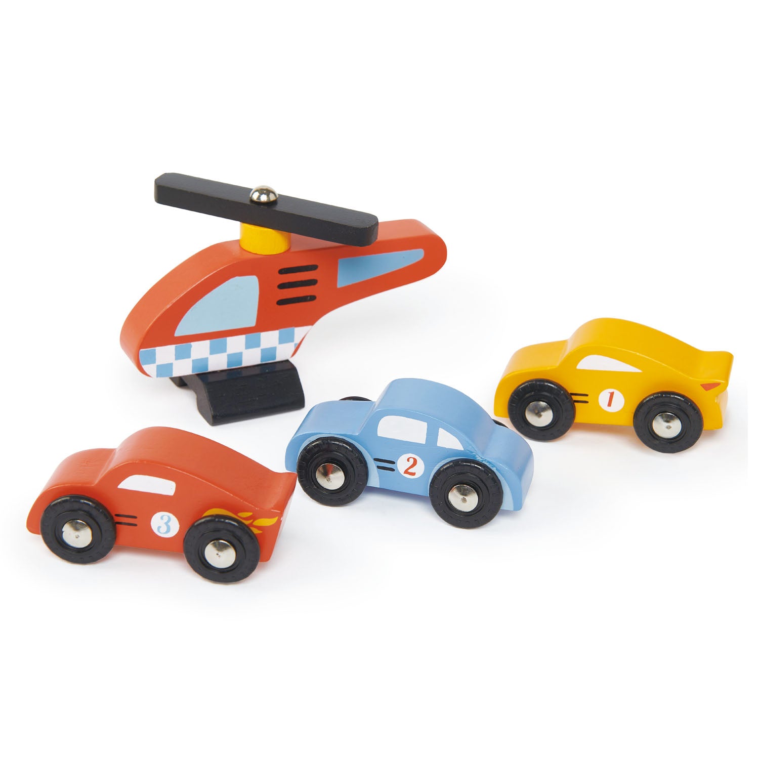 Three wooden cars and wooden helicopter which come with garage set